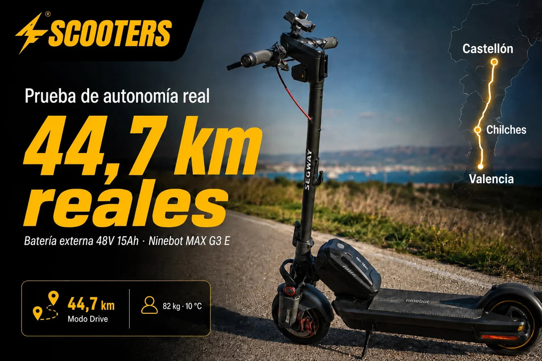 Una Batería Externa de AF SCOOTERS de 48 V 15 Ah (14,4 Ah típicos) Recorrió 44,7 km Reales en un patinete eléctrico Ninebot MAX G3 E